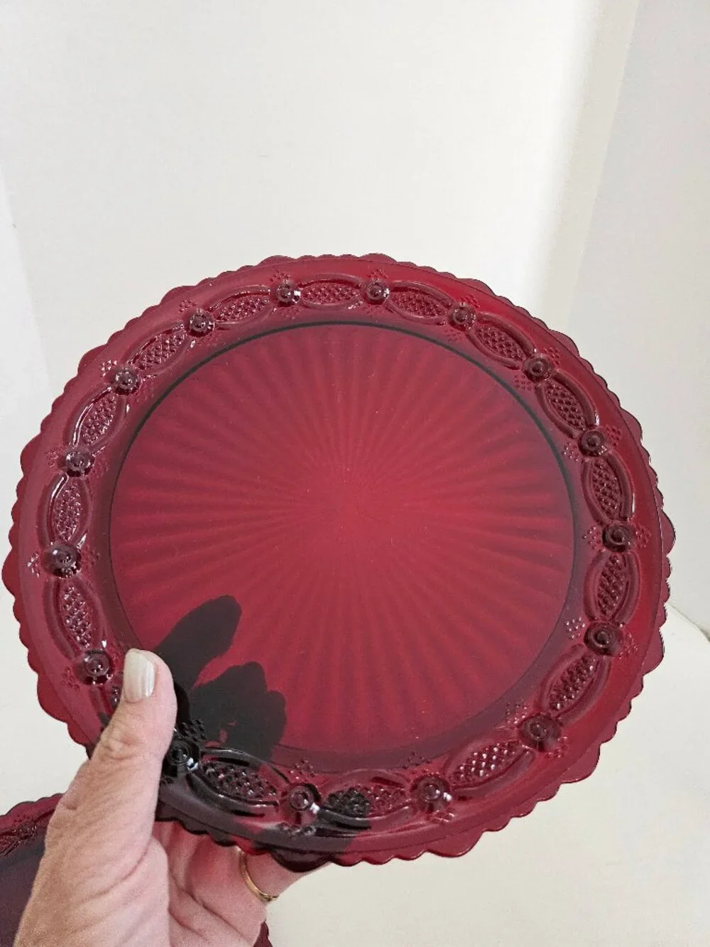 Vintage Avon, 1876 Cape Cod Ruby Red Glass Dinner Plates Set Of Two 10.75